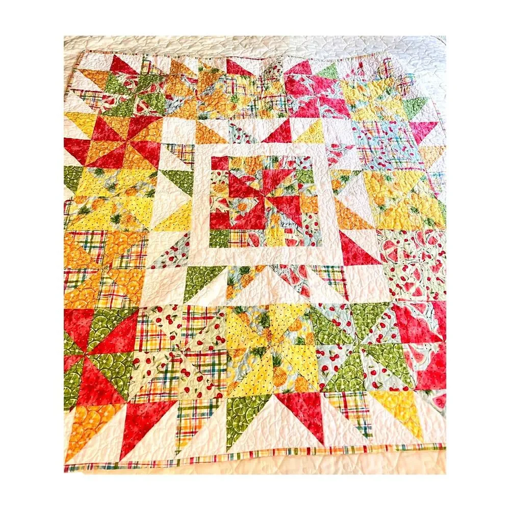 quilt pinwheel block lap couch blanket hand made whimsical fruit print 45